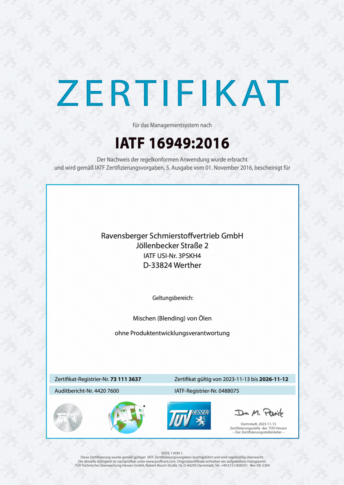 Zertifikat IATF 2016 Zertifikat IATF 2016