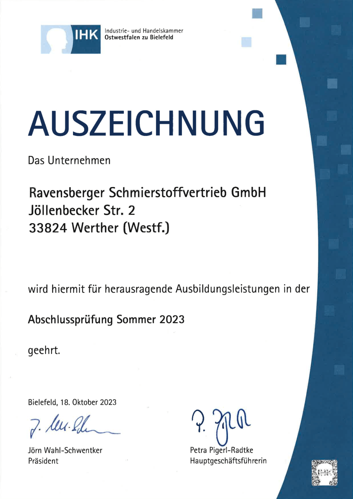 Auszeichnung für Ausbildungsleistungen Auszeichnung für Ausbildungsleistungen